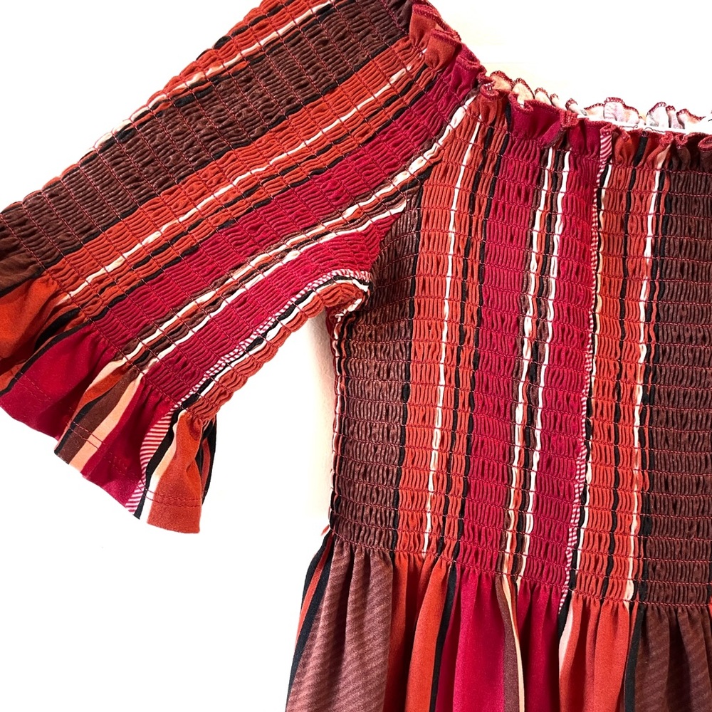Off The Shoulder Red Brown Striped Smocked Top Size L